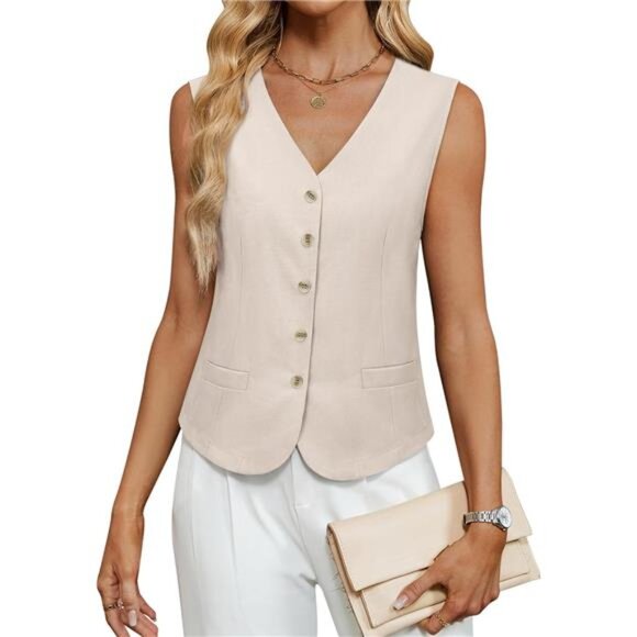 Women's Summer Sleeveless Blazer Vest Button Down Beige - Picture 1 of 6